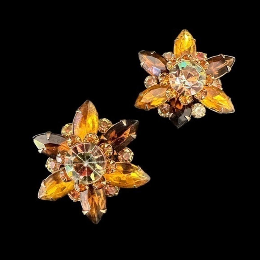 Vintage Signed Beau Jewels Topaz Rhinestone Flower Clip Earrings